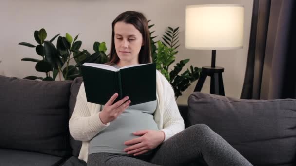 Relaxed Charming Young Pregnant Woman Sitting Sofa Reading Book Pregnancy — Video
