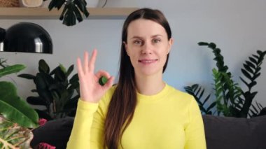 20 'li yaşlarda gülümseyen beyaz bir kadının portresi kameraya bakıyor ve tamam işareti gösteriyor, güzel esmer kız evdeki ya da oteldeki rahat koltukta oturuyor. Geribildirim ve insanlar kavramı