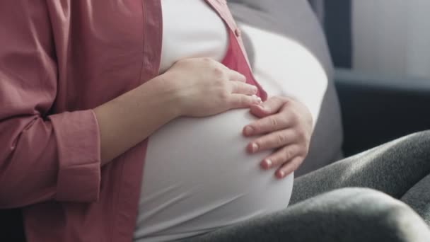 快乐的母性观念年轻的单身孕妇坐在舒适的沙发上 在明亮的房间里摸着大肚子 享受怀孕后期的快乐 慈母用双手抚摸怀孕的肚子 — 图库视频影像