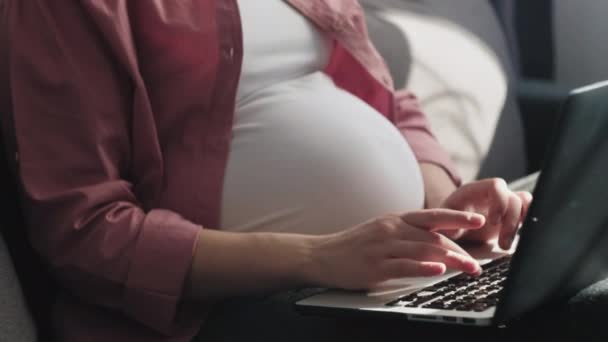 怀孕妇女在家里用笔记本电脑 可爱的笑着的年轻的未来的母亲与计算机的特写 在线交流 通过互联网购物或在怀孕和产假期间工作 — 图库视频影像
