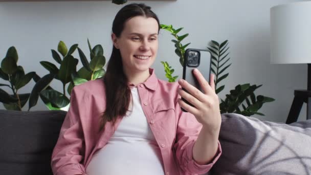 超音波写真共有妊娠を示す居心地の良いソファの上に一人で座っている魅力的な笑顔の若い妊婦は エキサイティングなニュースを明らかにビデオチャットを持っているスマートフォンを使用して家族と 母性概念 — ストック動画