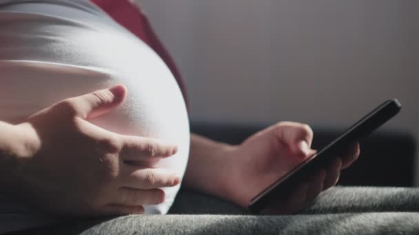 让穿着休闲装的年轻孕妇坐在舒适的沙发上 坐在明亮的客厅里 使用智能手机 手指触摸屏幕 宝宝的预产期家庭放松和怀孕的概念 — 图库视频影像