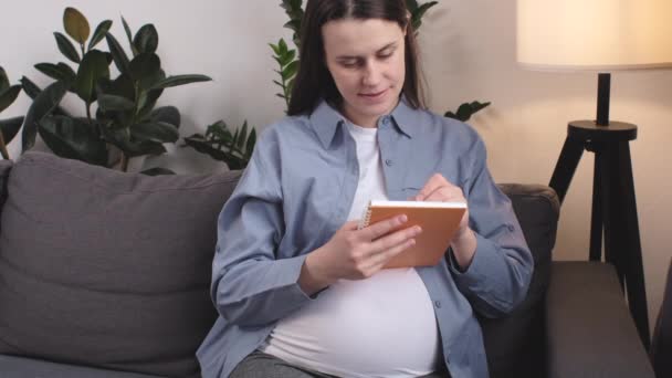 夢のようなかわいい笑顔の若い妊婦が居心地の良いソファに座ってノートブックにメモを取り 出産のために必要なもののリストを作ります かなり幸せな母親待っていますの赤ちゃん自宅で — ストック動画