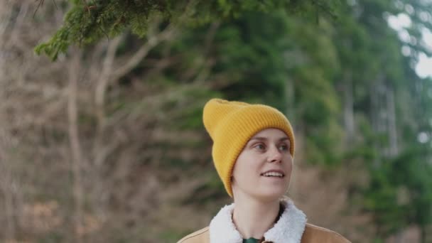 Portrait Smiling Attractive Young Caucasian Female Knit Yellow Beanie Standing — Stock Video