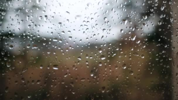 Zavřít Kapky Deště Okno Rozmazaným Pozadím Velké Kapky Deště Dopadají — Stock video