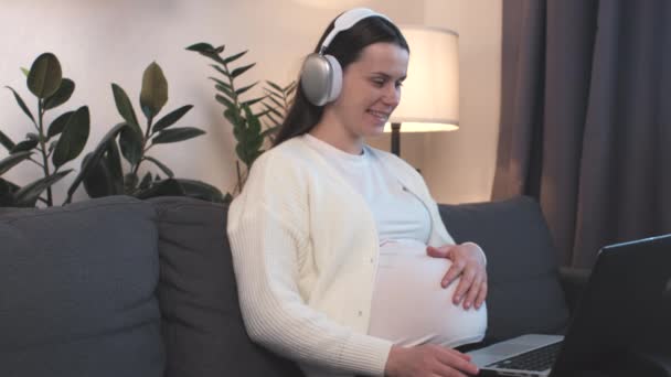 Милая Беременная Женщина Наушниках Сидит Диване Используя Ноутбук Разговаривая Видеосвязи — стоковое видео