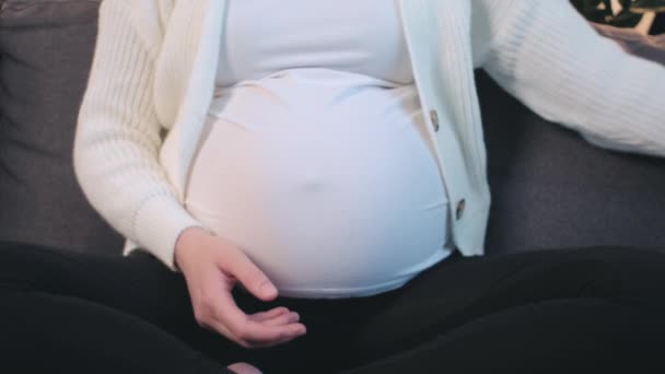 소파에 헤드폰을 임산부를 가까이 있습니다 엄마가 아기를 임신하는 집에서 시간을 — 비디오