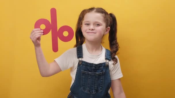 Portrait Pleasant Happy Little Girl Kid Holding Red Percent Mark — Stock Video