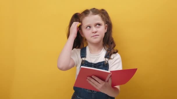 Πορτρέτο Του Στοχαστικού Μικρού Κοριτσιού Κρατώντας Σημειώσεις Γράφοντας Τις Σκέψεις — Αρχείο Βίντεο