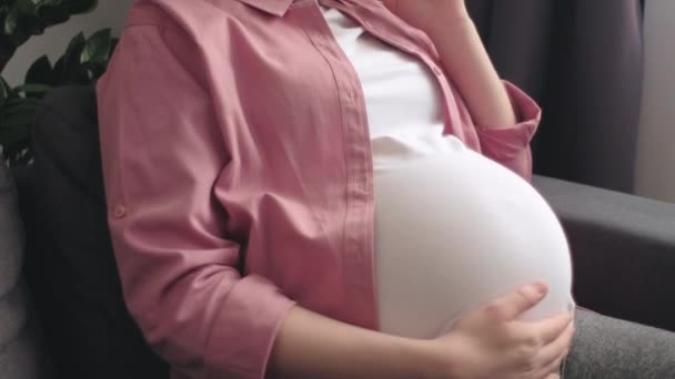 美丽微笑的年轻孕妇的画像 坐在舒适的沙发上 轻柔地抚摸着肚子 望着窗户 怀孕和预期分娩的概念 — 图库视频影像