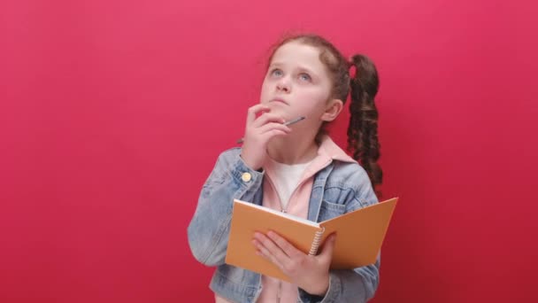 Πορτρέτο Του Σκεπτικού Μικρό Κορίτσι Κρατώντας Σημειώσεις Γράφοντας Τις Σκέψεις — Αρχείο Βίντεο