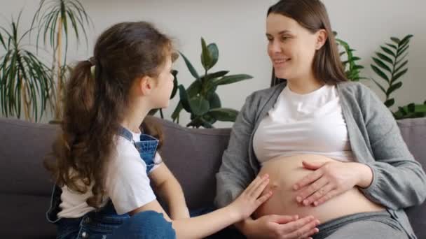Joyful Jonge Zwangere Moeder Praten Met Kleine Nieuwsgierige Dochter Zitten — Stockvideo