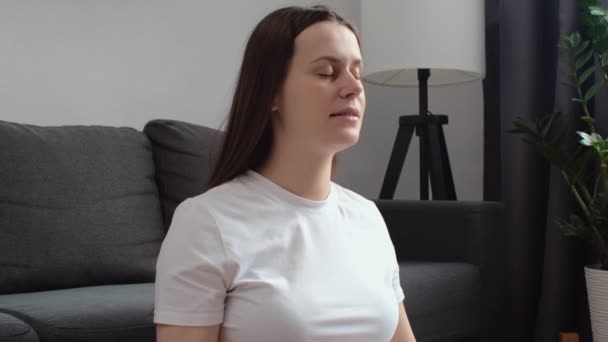 Cute Pregnant Woman Sitting Cross Legged Mat Does Smooth Yoga — Stock Video