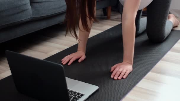Zbliżenie Młodej Kobiety Ciąży Robi Pilates Przed Laptopem Przyszłych Mama — Wideo stockowe