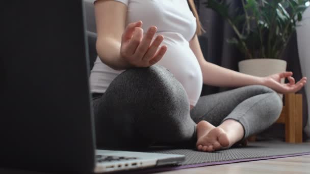 Enfoque Selectivo Las Jóvenes Embarazadas Haciendo Yoga Línea Casa Loto — Vídeos de Stock