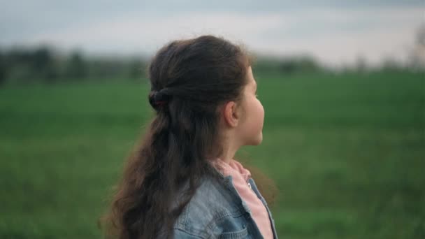 Porträt Eines Glücklichen Entzückenden Kleinen Mädchens Das Auf Der Grünen — Stockvideo