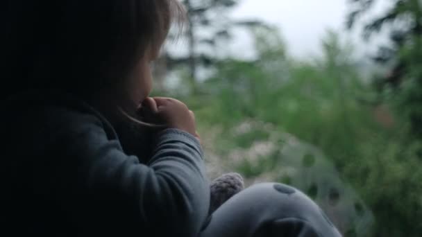 Zbliżenie Beztroskie Dziecko Bawiące Się Zabawką Siedzącą Parapecie Wiosenny Dzień — Wideo stockowe