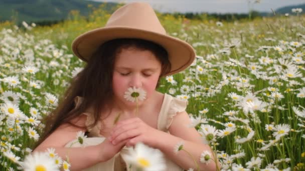 Urocza Dziewczynka Kapeluszu Siedząca Letniej Łące Cieszy Się Zapachem Białych — Wideo stockowe