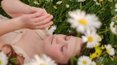 Güzel bir kızın yaz çayırında uzanmış akşam vakti beyaz papatyaların tadını çıkarırken gülüşü ve gülüşü. Mutlu çocuk dışarıda çiçeklerle oynuyor. Doğa ve çocukluk kavramı