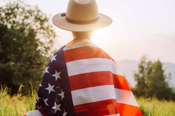 Back View Little Girl Wrapped Country Flag Sunset Child Hat — Stock Photo, Image