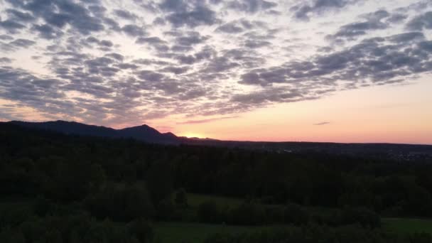 Yüksek Karanlık Ormanın Üzerindeki Güzel Günbatımı Gökyüzünün Sinematik Drone Görüntüsü — Stok video