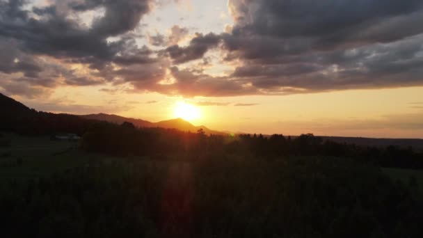 Filmový Dron Natočil Horskou Letní Lesní Krajinu Během Majestátního Západu — Stock video