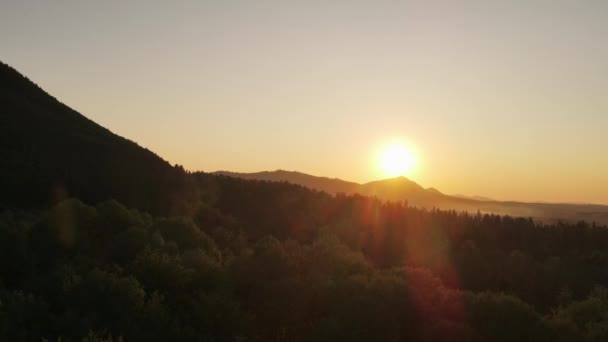 在史诗般的令人叹为观止的日落中 空中俯瞰美丽的夏山和青翠的森林 黄昏或黎明时分 夕阳西下 宁静的大自然和户外露营的氛围 — 图库视频影像