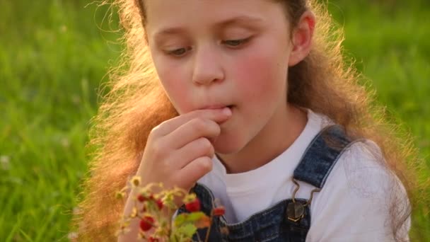 可爱的小女孩在温暖的阳光明媚的日子里 坐在绿草中吃草莓 有趣的孩子 享受着美丽的自然 夕阳的光芒 健康和纯素的营养天然产品 — 图库视频影像
