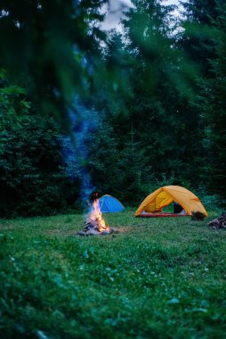 Sıcak bir akşamda odun yakmak. Turist kampında şenlik ateşi yanıyor. Aktif yaşam tarzı, seyahat, yürüyüş ve kamp konsepti. Tatil için son durak. Gece karanlığında kamp ateşi ve kamp çadırı.