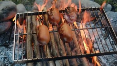 Akşam vakti kamp ateşinde ızgara sosisleri yakın çekim. Kamp hayatı rutini. Sıcak yaz gününde şenlik ateşinde yemek pişirmek. Yemek, macera ve tatil doğa konsepti