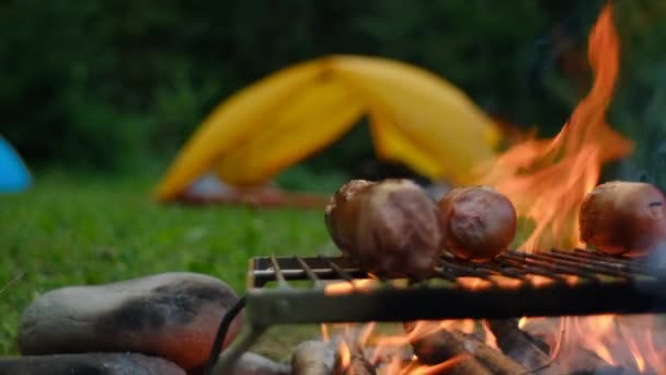 Yaz Mevsiminde Şenlik Ateşinde Izgara Sosisleri Yakın Sıcak Bir Akşamda — Stok video