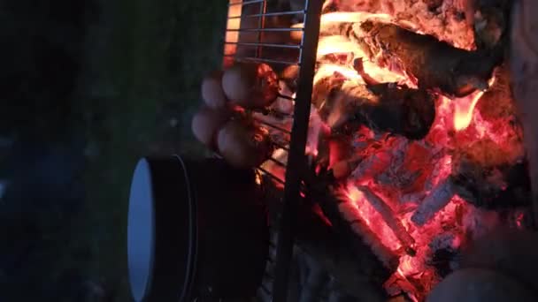 Sıcak Bir Gecede Şenlik Ateşinin Üzerinde Kızarmış Sosis Kaynar Suyun — Stok video