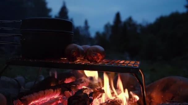 Geceleri Kamp Ateşinde Çay Kahve Için Izgara Sosis Isıtıcısına Yakın — Stok video