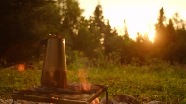 Inspirational Footage Coffee Prepared Geyser Coffee Maker Campfire Amazing Forest — Stock Video