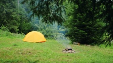 Sıcak bir sabah gününde yeşil ormanda sakin şenlik ateşi ve sarı çadır. Temiz hava için zaman harcamak. Seyahat, yürüyüş, yaşam tarzı ve macera konsepti. Yaz mevsiminde çadır ve çadır.