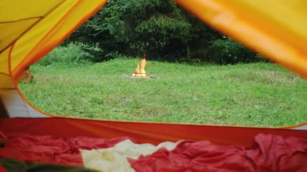 Calm Tranquil Shot Camping Tent Campfire Fire Burning Spruce Forest — Stock Video