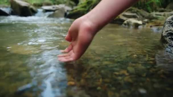 落ち着いた夏の日には 未知の小さな少女の優しい手触りの水面 自然との平和でマインドフルなつながり コンセプト瞑想のインスピレーション — ストック動画