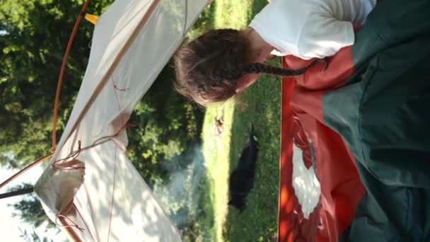 Vertical Footage Little Girl Sitting Camping Tent Dog Looking Campfire — Stock Video