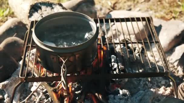 Zbliżenie Kotła Wodą Nad Palącym Się Ogniskiem Rano Gotowanie Ogniska — Wideo stockowe