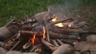 Şenlik ateşine yakın, yanan kütükler. Yaz akşamları ahşap odunların üzerinde güzel, sakin, canlı bir ateş alevi. Açık havada kamp ateşi var. Isı, kamp, doğa eğlence konsepti.