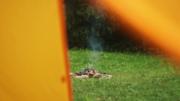 傍晚时分 在温暖的篝火上的帐篷里观看 暮色中 森林边的篝火熊熊燃烧 平静篝火 燃烧的木材在夏天 积极的生活方式 露营氛围和室外情绪 — 图库视频影像