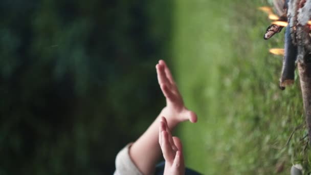 Pionowe Ujęcie Nierozpoznawalnej Dziewczynki Rozgrzewającej Dłonie Przy Ciepłym Spokojnym Ognisku — Wideo stockowe