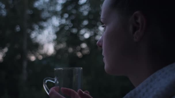 Вид Збоку Розслабленої Усміхненої Молодої Білої Жінки Яка Гарячий Чай — стокове відео