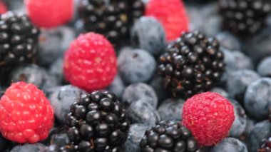 Taze ahududu, böğürtlen, yaban mersini, kırmızı frenk üzümleri beyaz kasede döner. Sağlıklı meyve meyveleri. Şekil taze meyve atıştırmalığı. Yaz kavramı. K vitamini. Seçici odaklanma.