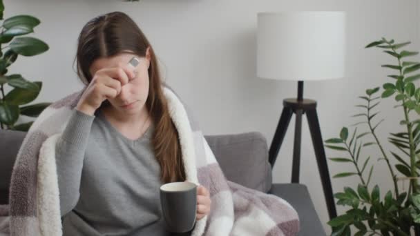Mujer Joven Enferma Sintiéndose Fría Sentada Sofá Casa Niña Enferma — Vídeos de Stock