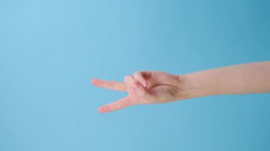 Kadın elinin el hareketlerini gösteren dikey bir video, parmak vücut dili ile, mavi arkaplan duvarı üzerinde izole edilmiş bir poz ve içerik için fotokopi alanı. V işareti. Barış zafer kavramı