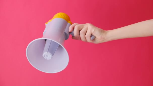 Vertikal Video Kvinnliga Handen Håller Lila Megafon Poserar Isolerad Över — Stockvideo