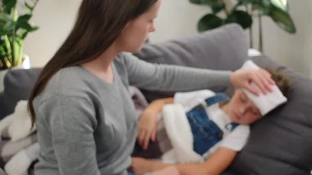 독감과 발열로 고통받는 아이를 치료하는 어머니의 선택적 온도계를 체온을 이마에 — 비디오
