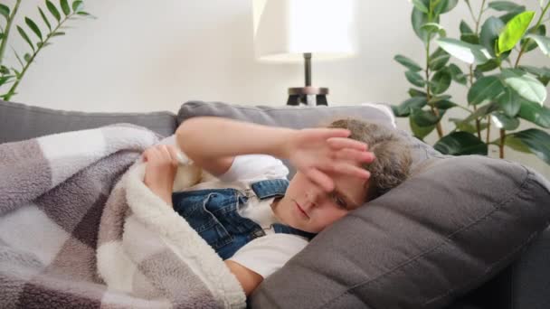 生病的不健康的小女孩一个人躺在沙发上 被窝在客厅里 我很不高兴 高加索小孩发烧了 普通感冒 治疗的概念 — 图库视频影像