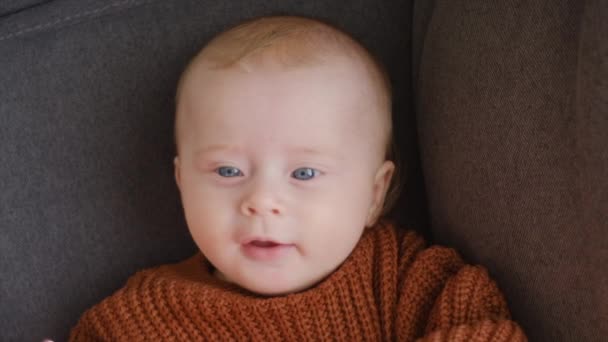 在舒适的沙发上独自躺在温暖的毛衣里的漂亮新生儿的近照 可爱的笑着的男婴躺在舒适的沙发上 医疗保健和儿科 婴儿概念 — 图库视频影像